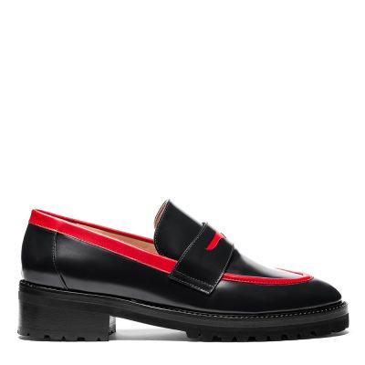 Scarpa mocassino donna in pelle nera con dettagli rossi e tacco in legno, suola antiscivolo - Cavallini