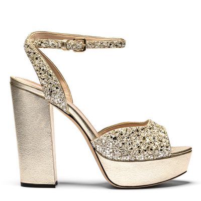 Capri, sandali donna in glitter e pelle laminata bianco con tacco 12 cm - Cavallini