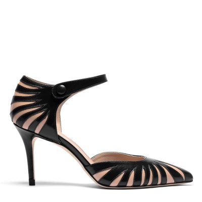 Adara, dƩcolletƩ donna in pelle di vitello nero con tacco 8,5 cm, cinturino alla caviglia e inserti cut-out - Cavallini