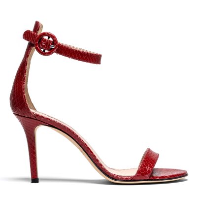 Brick, sandali donna in pelle stampa pitone rosso con tacco 8,5 cm - Cavallini