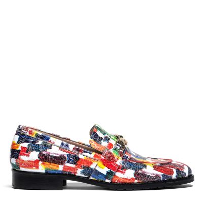 Mocassini donna in pelle multicolore con dettaglio metallico, suola in cuoio pomiciato, su sfondo bianco