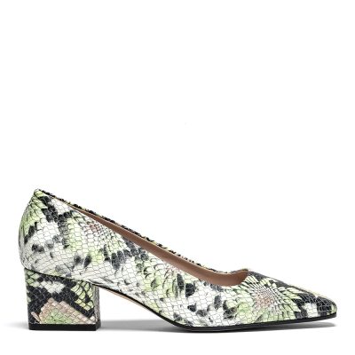 Scarpa decollete donna in pelle stampa serpente verde e nera con tacco rivestito 5 cm - Cavallini