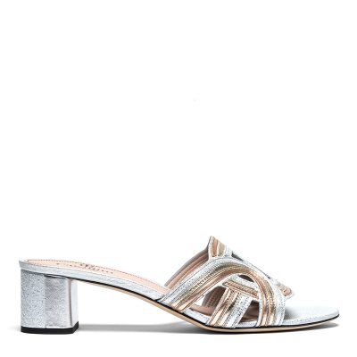 Speedy, ciabattine donna in pelle laminata argento con tacco 5 cm - Cavallini