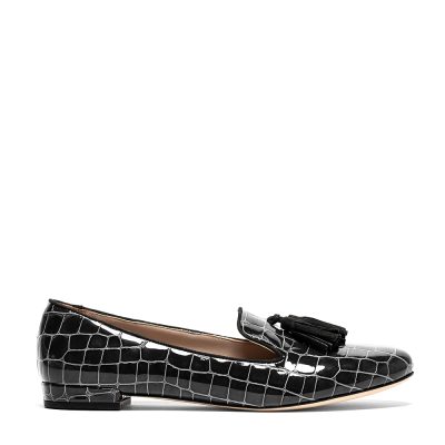 Kuk, mocassini donna in pelle stampa coccodrillo nero con tacco 1,5 cm - Cavallini