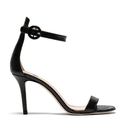 Brick, sandali donna in pelle stampa pitone nero con tacco 8,5 cm - Cavallini