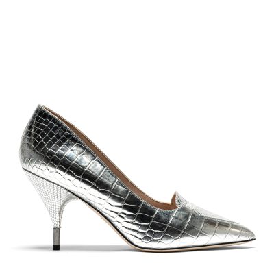 Corallo, dƩcolletƩ donna in pelle miniviper argento con tacco 8 cm - Cavallini