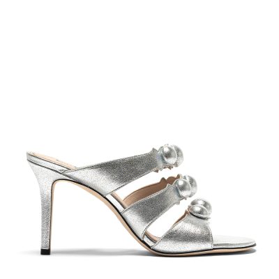 Moqui, sandali donna in pelle di nappa laminata argento con tacco 9 cm - Cavallini